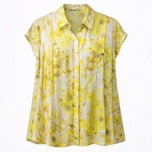 Floral Print Button Up Silk Blend Short Sleeve Blouse Large Hilton Hollis Women